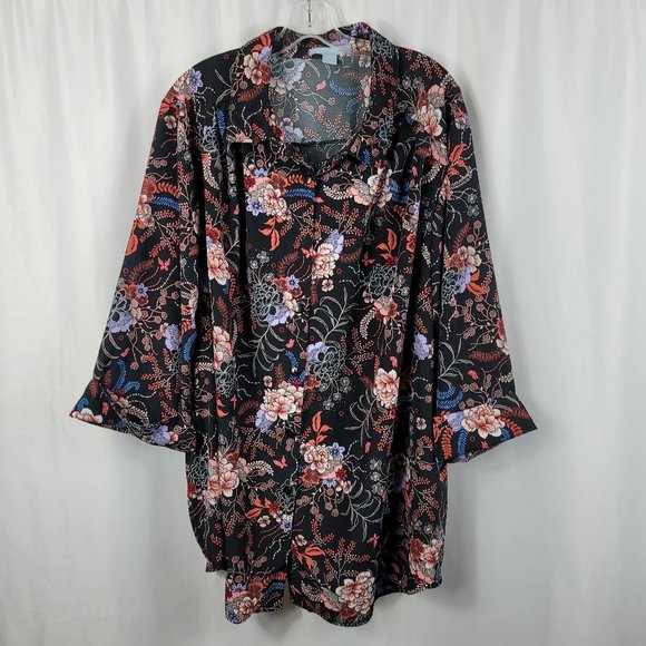 Only Necessities Blouse Size 2X Black & Lavender Floral Print Button Front - Picture 1 of 10